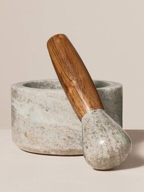 HEARTH & HAND NEW 2pc marble & wood mortar & pestle